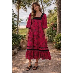 Hawaii Luau T&L Muumuu FactoryY2K 80s Pink Black Floral Midi 11/12 DressVintage